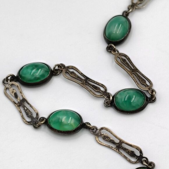 Vintage Sterling Silver 925 Green Pekin Glass Art Deco Necklace 16" - Picture 14 of 16